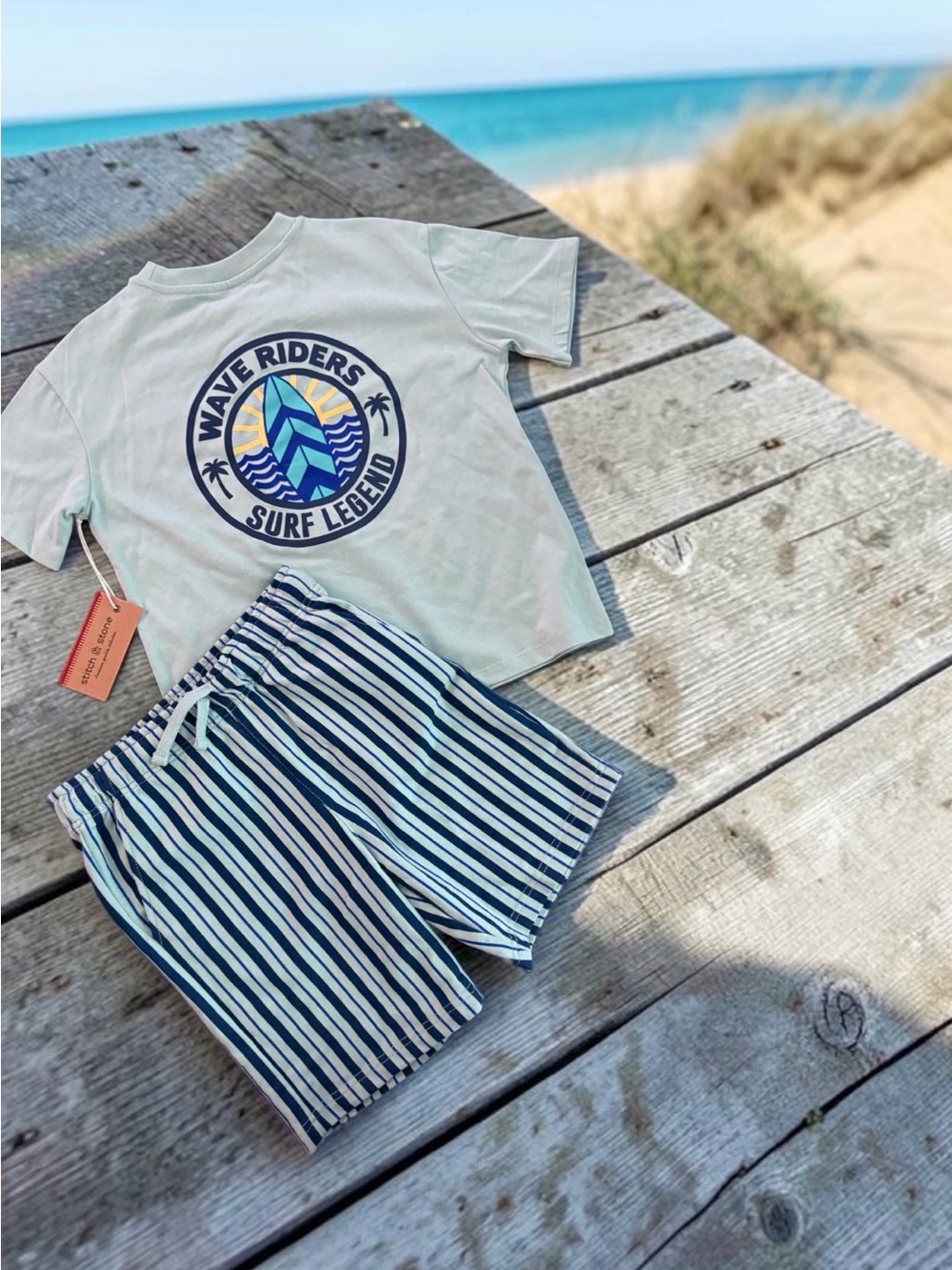 Riders by Lee White Surf Graphic Tee with Blue Striped Shorts